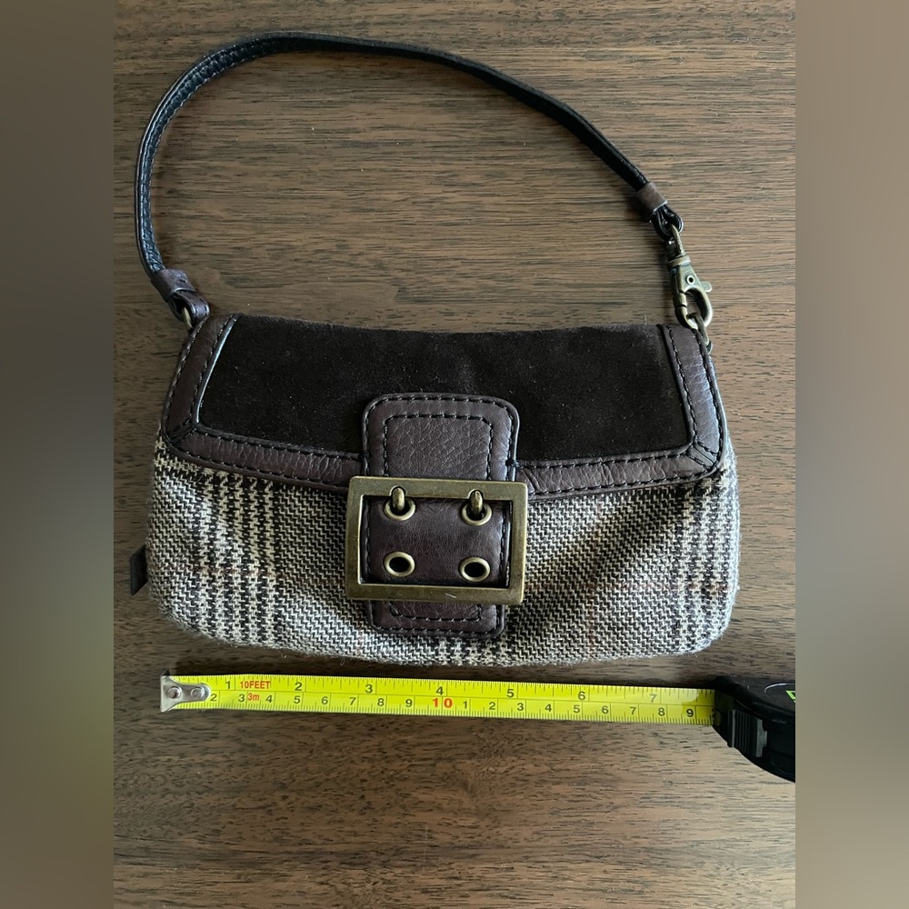Banana Republic Y2K 2006 Wool & Leather Mini Shoulder Purse / Bag in Plaid Brown